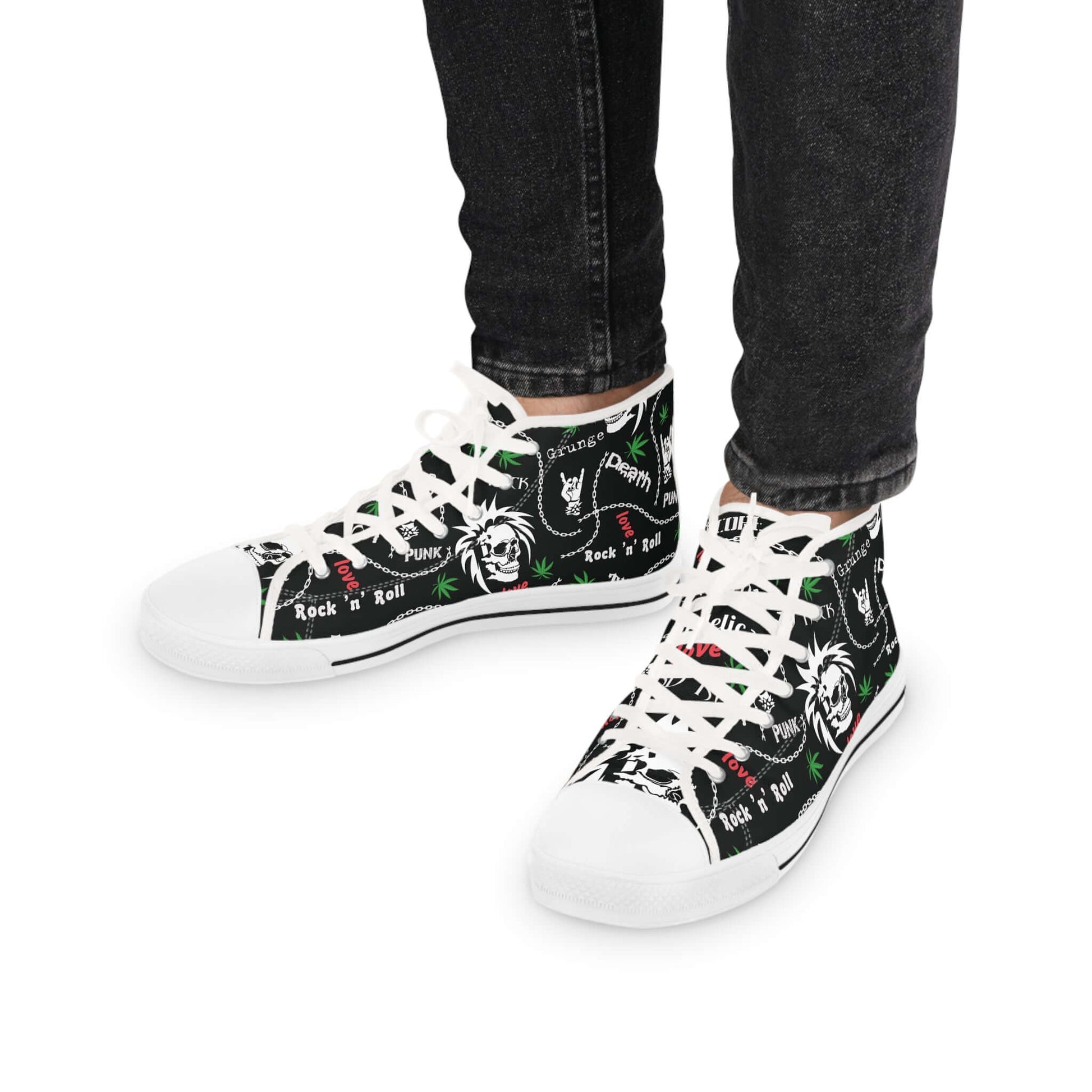 Men's Rock & Roll Skulls High Top SneakersGet ready to rock and roll with these skull-adorned high top sneakers for men! Channel your inner rebel with these statement shoes that bring a touch of edge to any outfit. Perfect for making a statement on the st