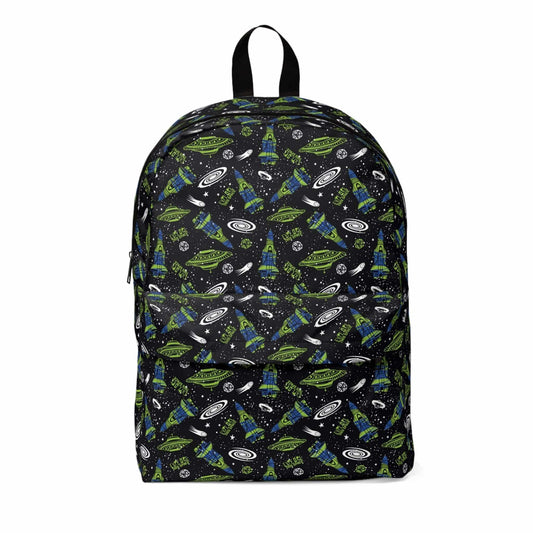 Futuristic space-themed backpack for children, perfect for school or travel. Fun and colorful kids backpack with a playful design.