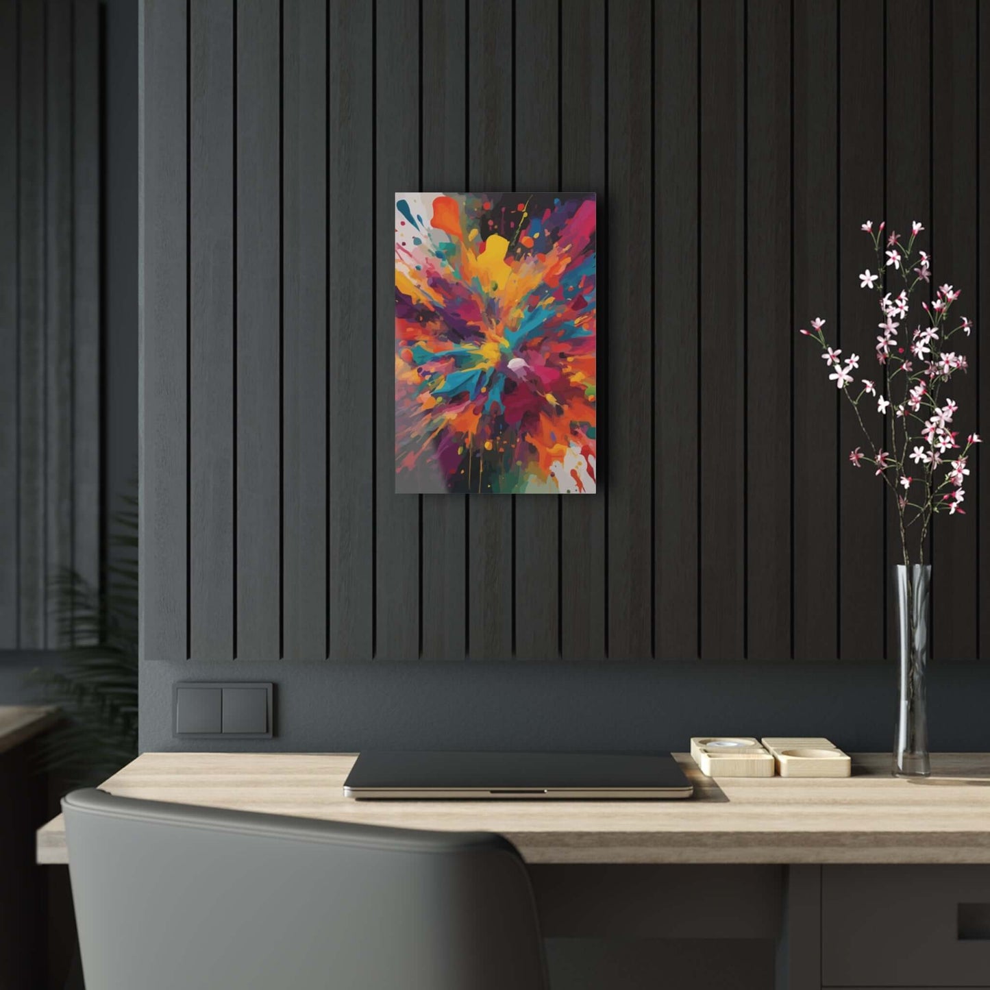 Vibrant paint splat acrylic wall art, eco-friendly decor adding abstract flair and color to a modern room, on black paneling.