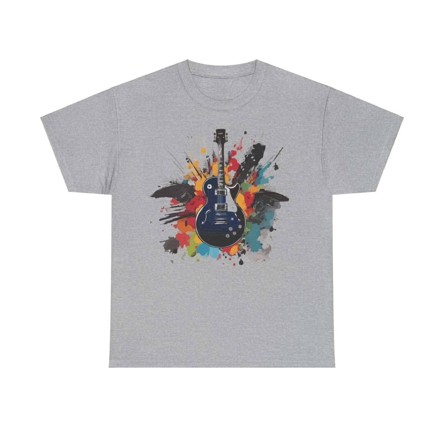 Grey unisex t-shirt featuring a colorful rock guitar design, inspired by music legends and crafted from soft, sustainable cotton.