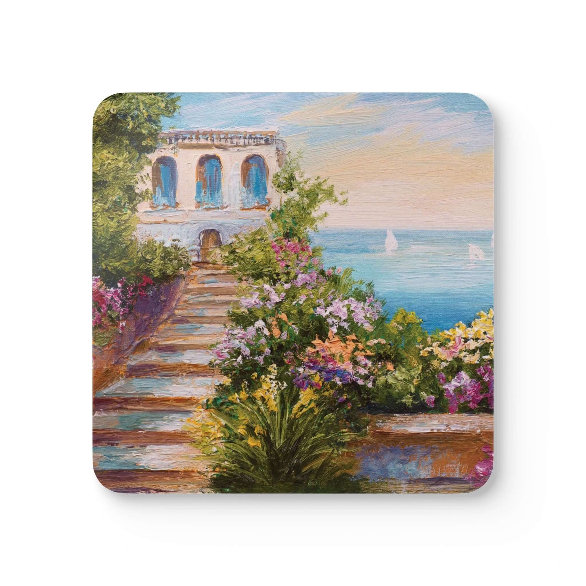 Santorini coaster with painted view of Greek island, showing steps, flowers, and sea. High-gloss MDF and cork for elegance and protection.