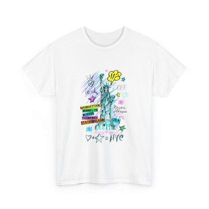 Unisex New York Art T-Shirt featuring vibrant city design in sustainable cotton, capturing NYC's bustling energy and style.