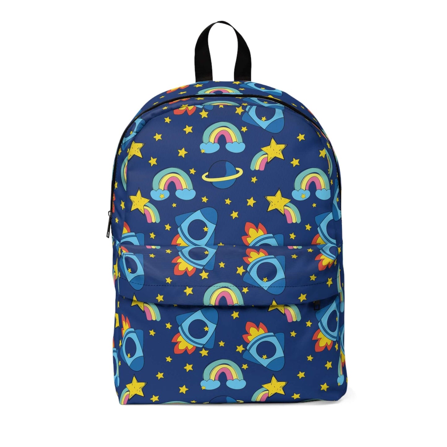 Children's space rockets backpack with vibrant colors and star design, perfect for school commute. Customizable and durable.