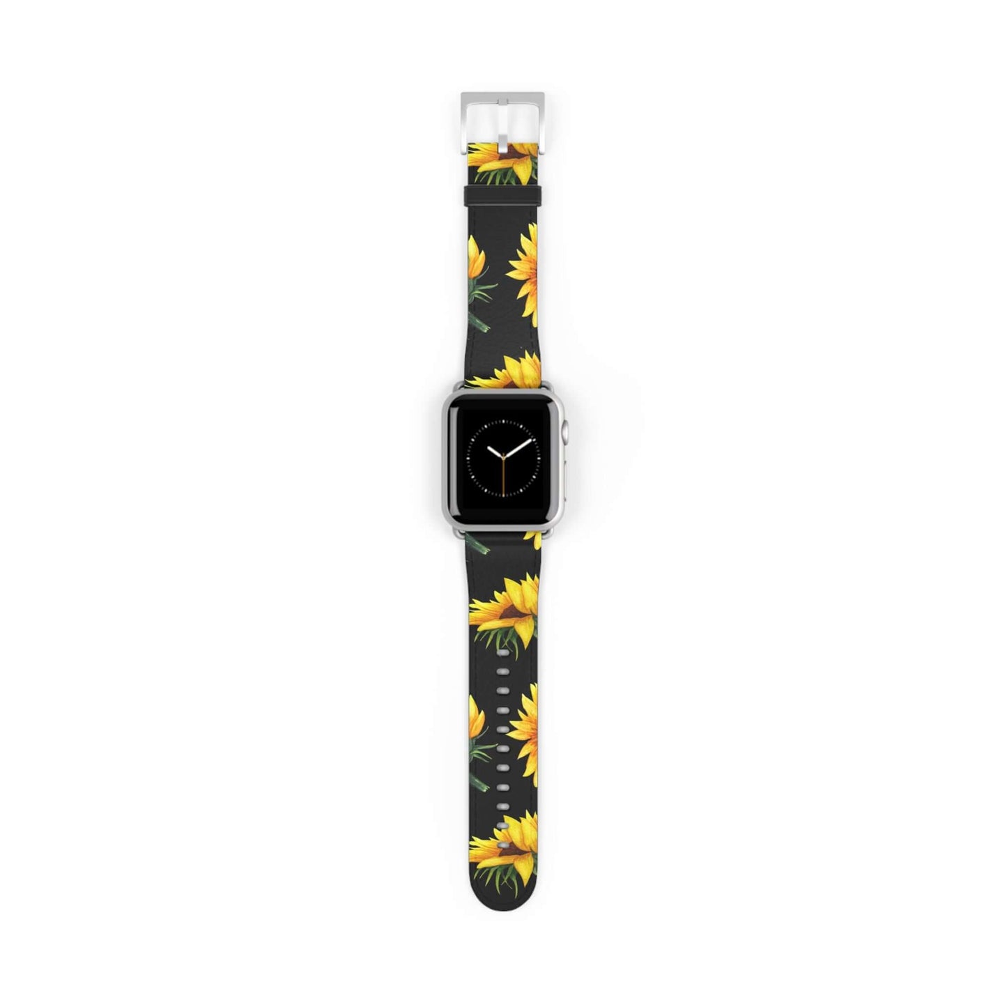 Sunflower Apple Watch Band in faux leather, adds elegance and nature's touch, pairs with iPhone and Samsung cases for stylish coordination.