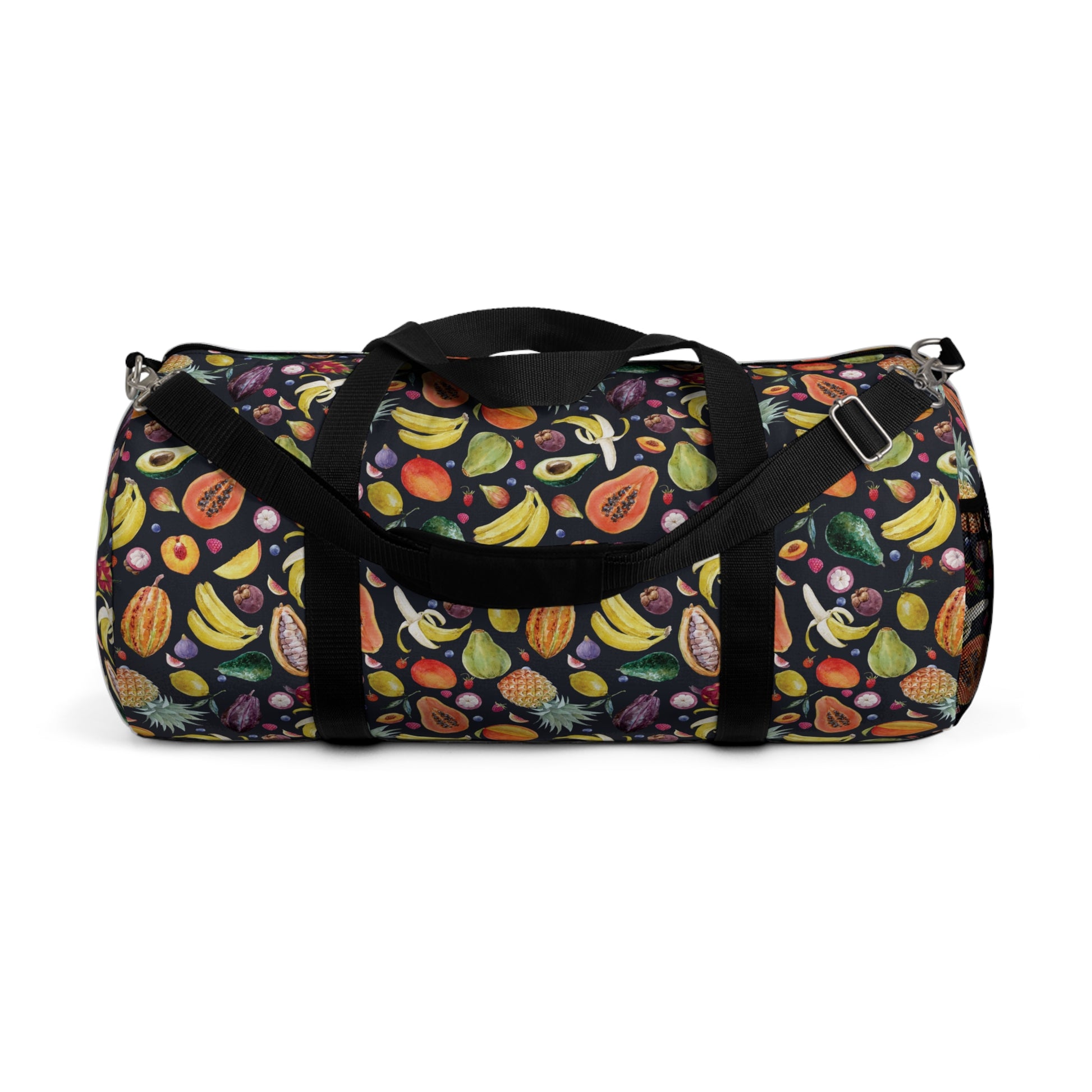 Multi Fruit Duffel BagMeet the Multi Fruit Duffel Bag - a stylish and practical companion for your everyday adventures. Its durable design and spacious interior make it perfect for carrying all your essentials, while its vibrant fruit pattern adds a fun a