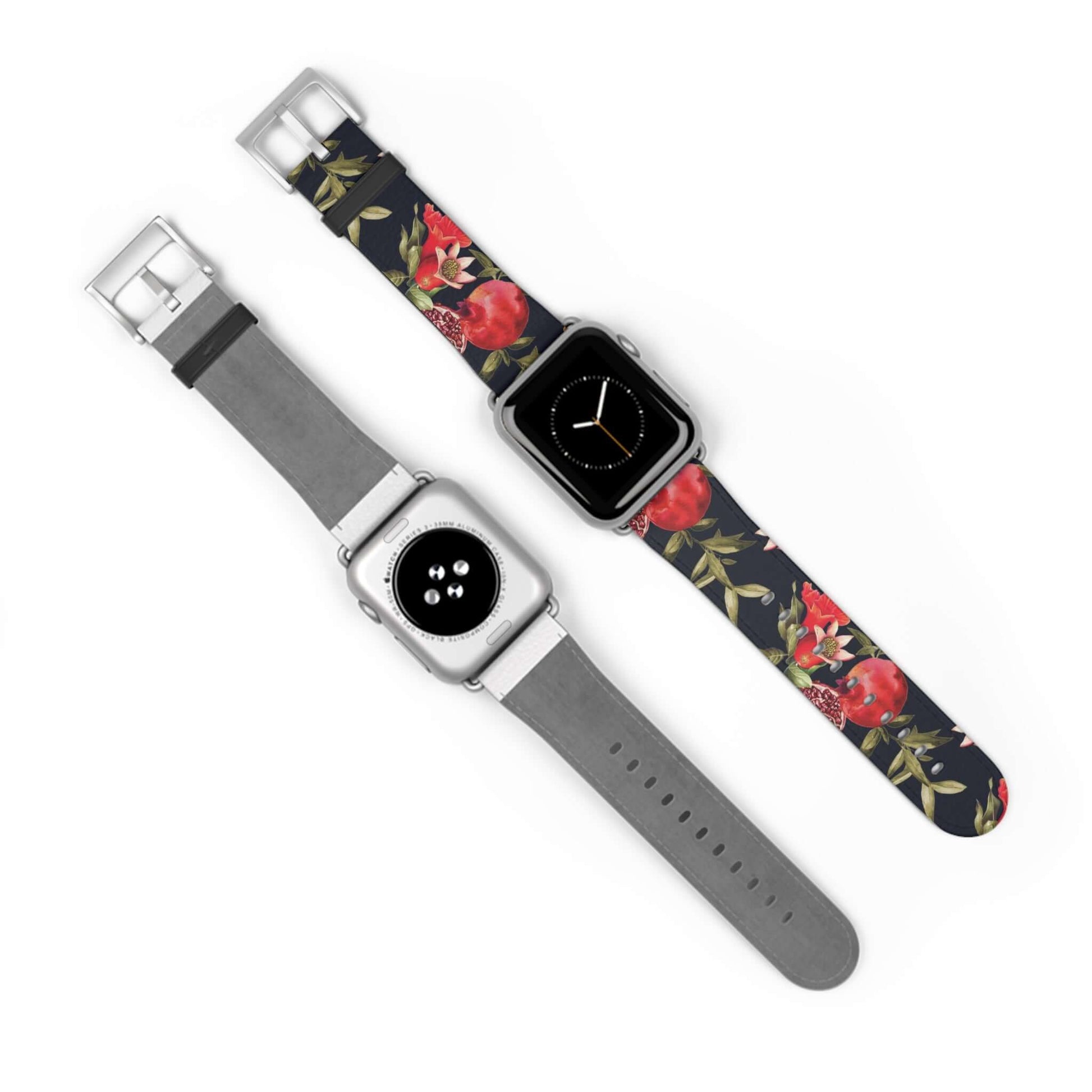 Pomegranate Apple Watch BandEmbrace elegance with our Pomegranate Apple Watch Band. Made from premium, high-quality materials, this luxurious band will elevate your style. With its vibrant red and green colors, it will add a touch of sophistication to any