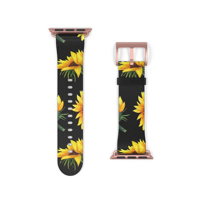 Sunflower Apple Watch band in faux leather with bright sunflower design, symbolizing happiness. Compatible with iPhone & Samsung devices.