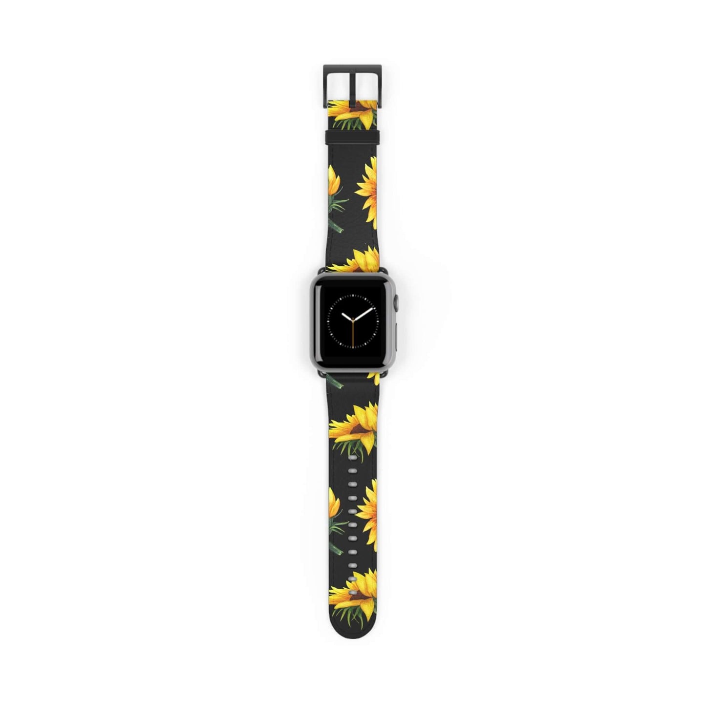 Sunflower Apple Watch band made of faux leather, showcasing vibrant sunflowers on a black background, compatible with iPhone and Samsung cases.