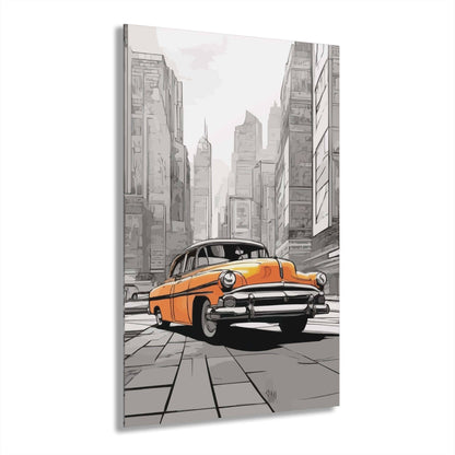 Classic car wall art acrylic print with retro design, eco-friendly and vibrant. Perfect for car enthusiasts' home decor.