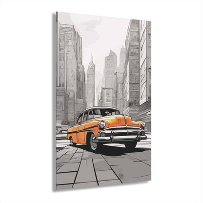 Acrylic wall art featuring a classic car in vibrant orange, set against a cityscape. Durable and eco-friendly design.