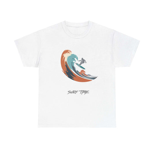 White Surf Time T-Shirt featuring colorful wave graphic, perfect for beach lovers seeking style and comfort. Unisex fit, summer essential.