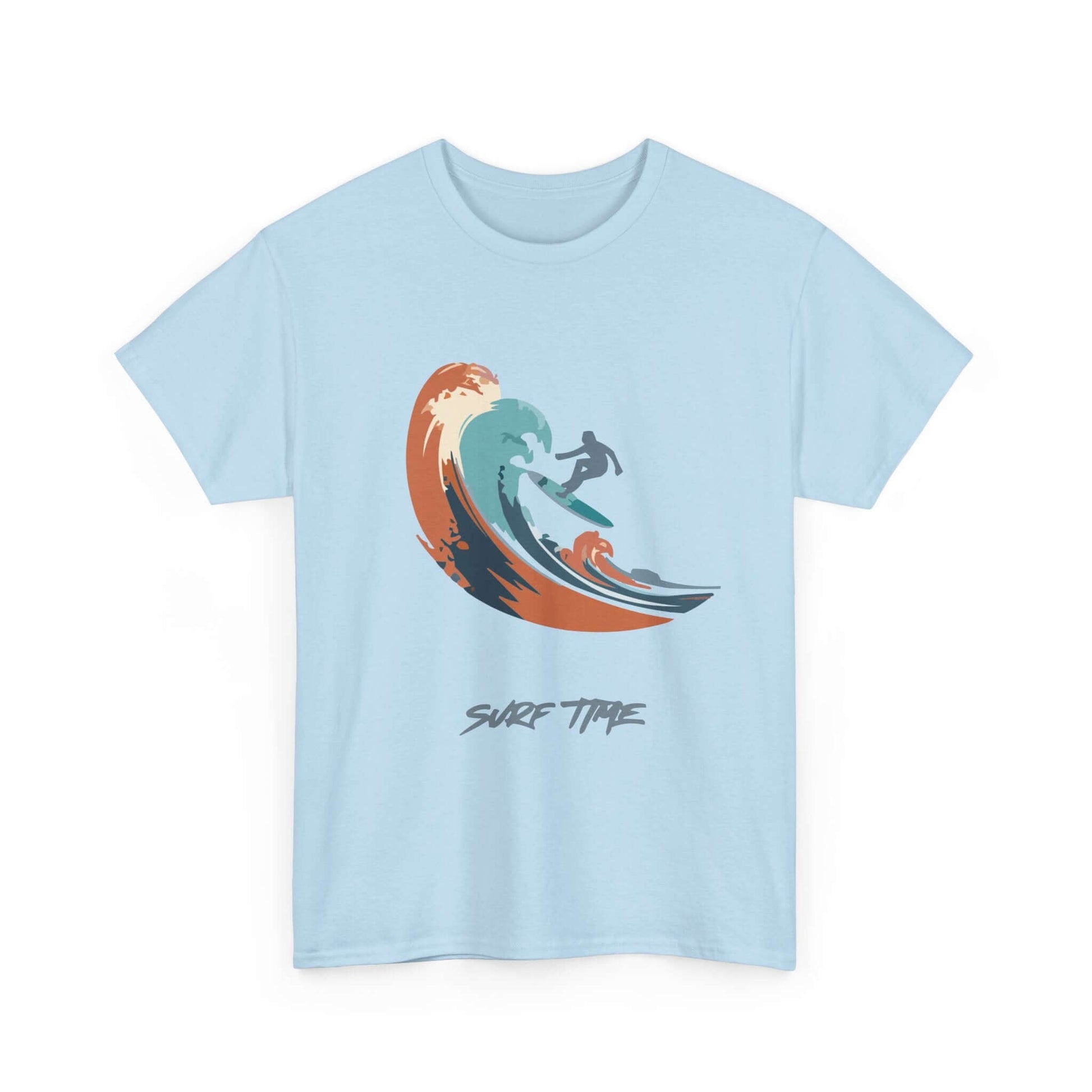 Surf Time T-Shirt with vibrant wave design, perfect for beach lovers. High-quality, comfortable, and durable summer essential.