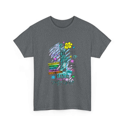 Charcoal gray unisex t-shirt featuring vibrant New York city-inspired art design, made with sustainable cotton for style and comfort.