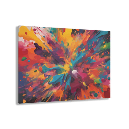 Vibrant paint splat acrylic print, eco-friendly wall art with abstract splatter design, enhancing modern decor with colorful brilliance.