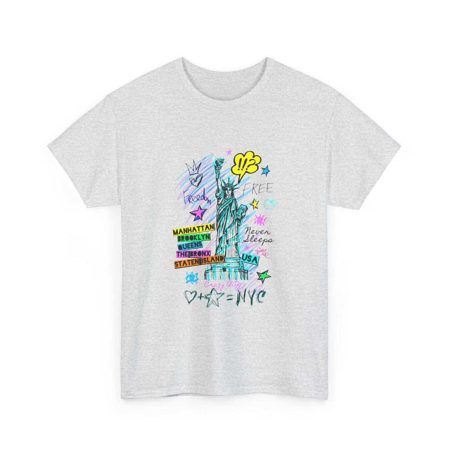 Unisex New York Art T-Shirt with bold graffiti design, made from sustainable cotton, reflecting NYC's vibrant energy and culture.