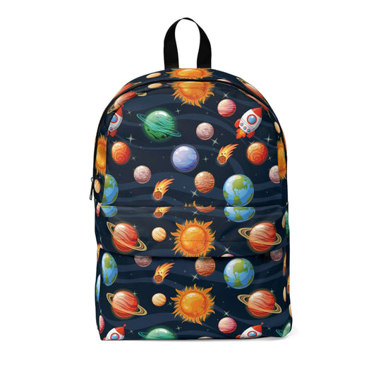 Spaceship & Planets BackpackExplore the universe in style with our Spaceship & Planets Backpack. Featuring a durable design and plenty of space, this backpack is perfect for any adventure. The eye-catching print of spaceships and planets will inspire your