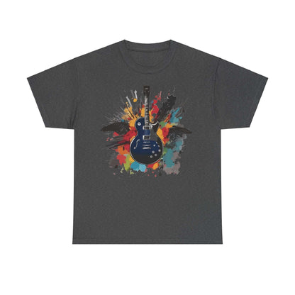 Unisex Rock Guitar T-Shirt with colorful guitar design. Perfect for music lovers seeking comfort and style. 100% cotton.