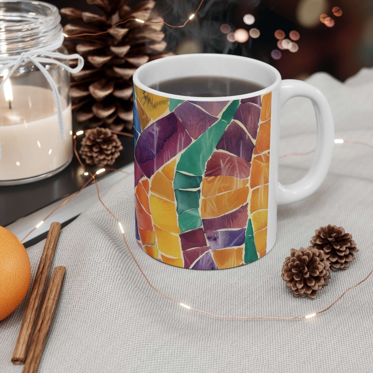 Mosaic MugIntroducing the Mosaic Mug - a one-of-a-kind work of art for your coffee or tea. Handcrafted with care, each mug is a unique piece, with a stunning mosaic design and a smooth, polished finish. Elevate your daily routine with this luxurious and e