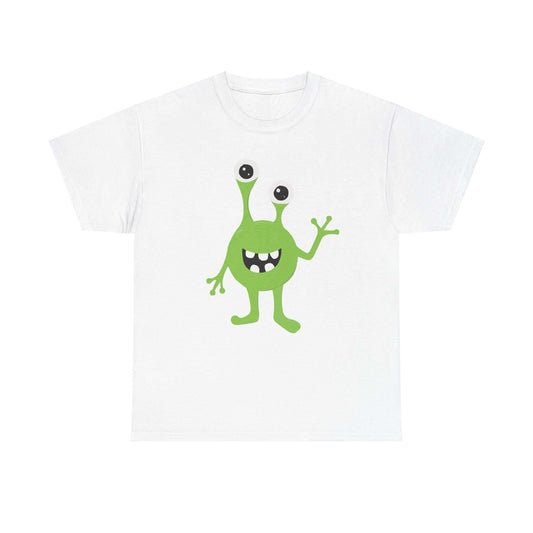 Unisex Monster T-Shirt with green cartoon creature design, perfect for fun statement wear. 100% cotton, classic fit, durable and comfy.