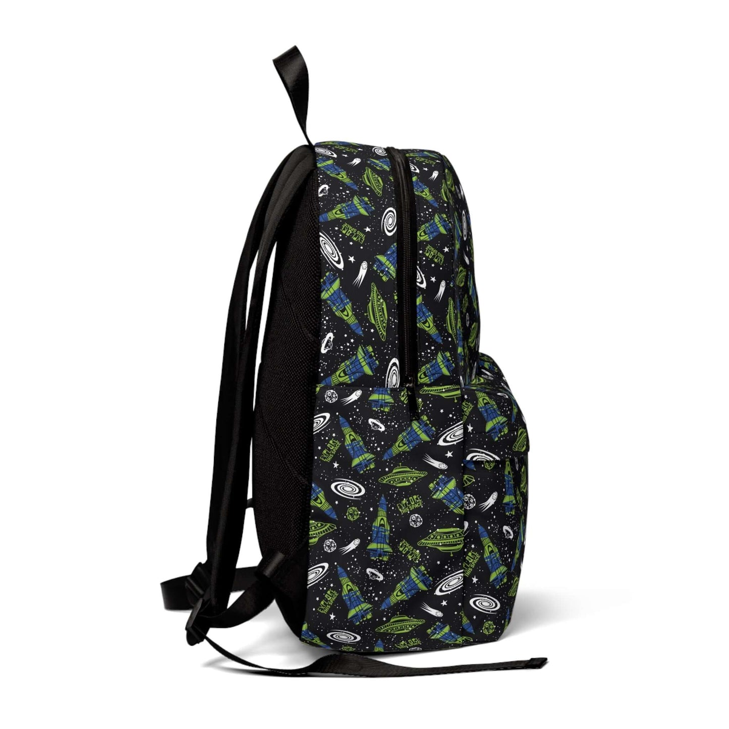 Colorful space-themed kids backpack with planet and rocket design, perfect for children’s fun casual travels and daily school commute.