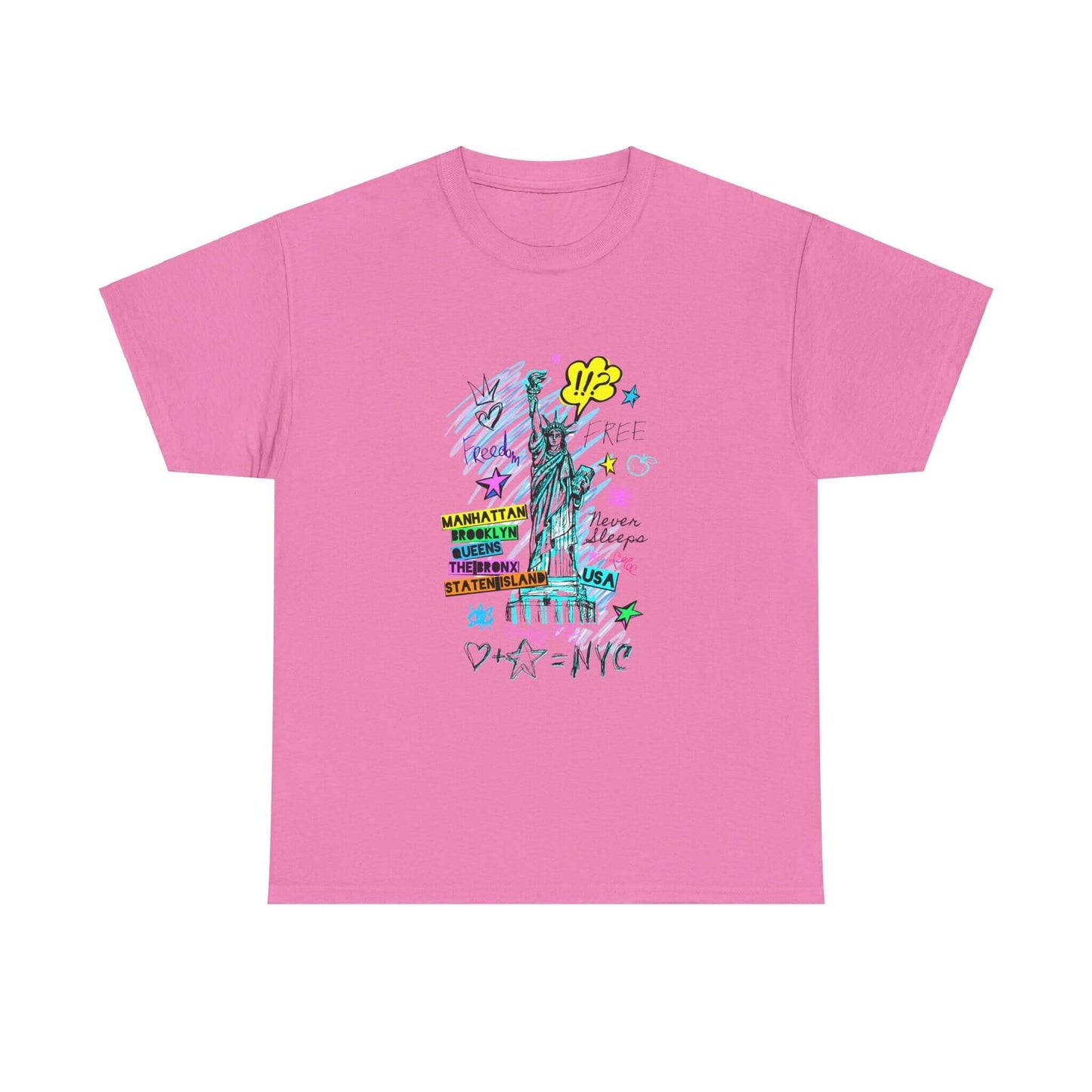 Vibrant New York art t-shirt featuring bold city-inspired designs on sustainable cotton in pink.