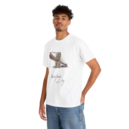 Model wearing unisex New York City T-Shirt with iconic bridge design, showcasing urban style and comfort in 100% cotton.