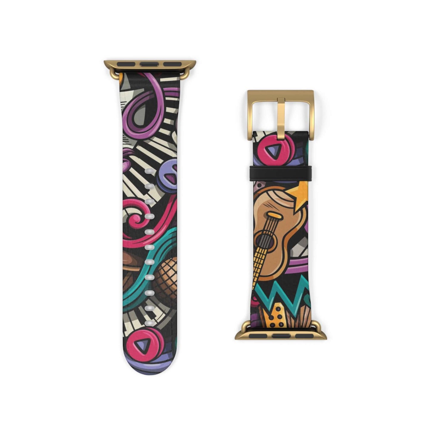 Musical Doodle Apple Watch BandRock out while tracking your steps with the Musical Doodle Apple Watch Band. This funky accessory adds style and functionality to your device. Groove to the beat of your own workout playlist while counting your steps and sta