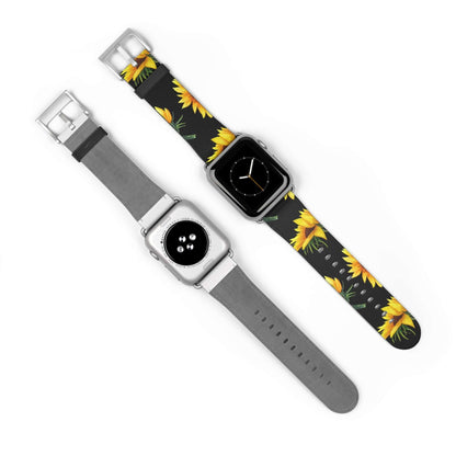 Sunflower Apple Watch band made of faux leather, showcasing a vibrant floral design for an elegant and comfortable wrist accessory.