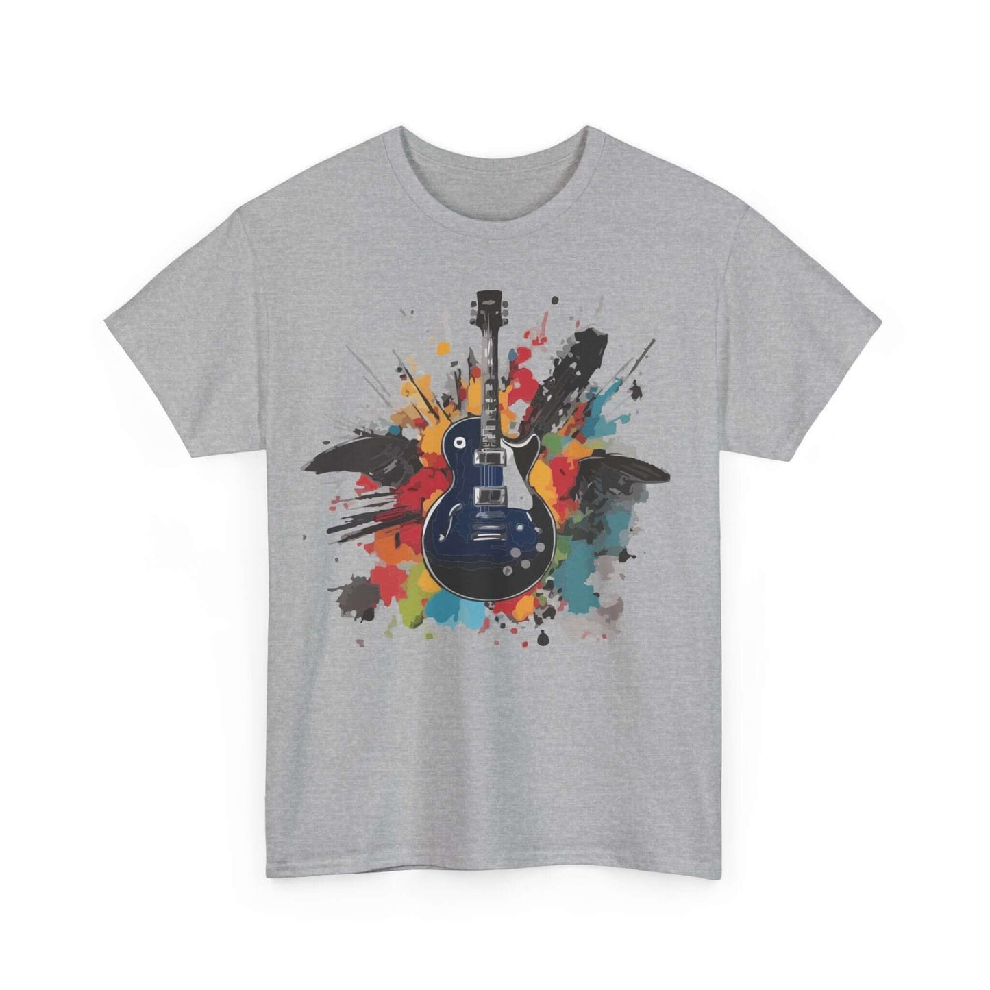 Alt Tag: Unisex Rock Guitar T-Shirt with colorful guitar print, soft grey cotton for comfort, perfect for music lovers.