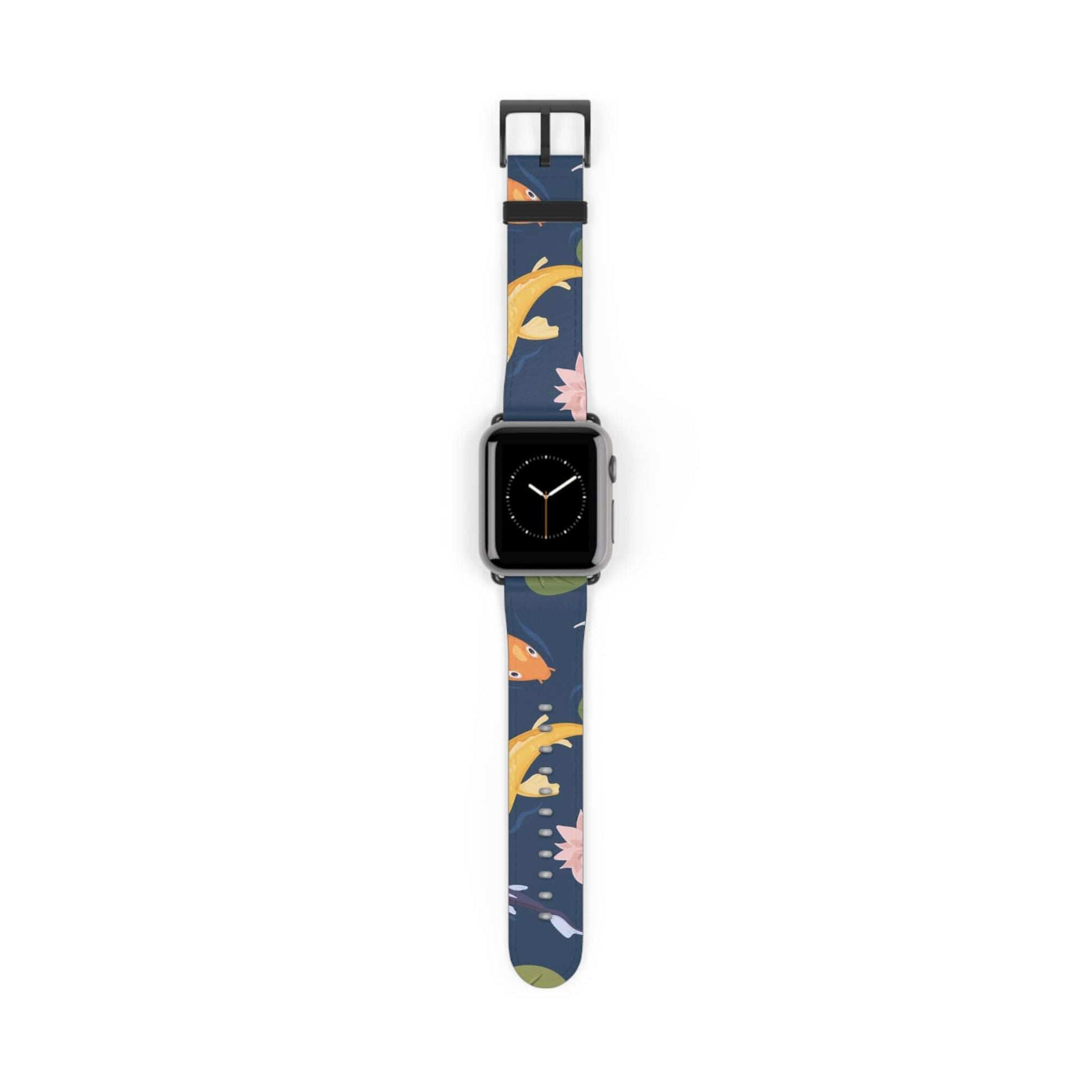 Fish & Water Lily Apple Watch BandElevate your style with our Fish & Water Lily Apple Watch Band! Made with high-quality material, this band is not only durable but also adds a touch of elegance to your look. Plus, the unique design featuring a fish and w