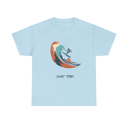 Light blue Surf Time T-Shirt featuring a colorful wave graphic for beach lovers, perfect for summer adventures and casual outings.