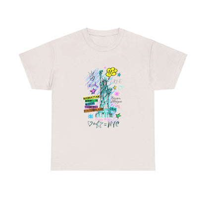 Unisex New York Art T-Shirt with colorful graphic, made from sustainable cotton, capturing vibrant NYC culture.