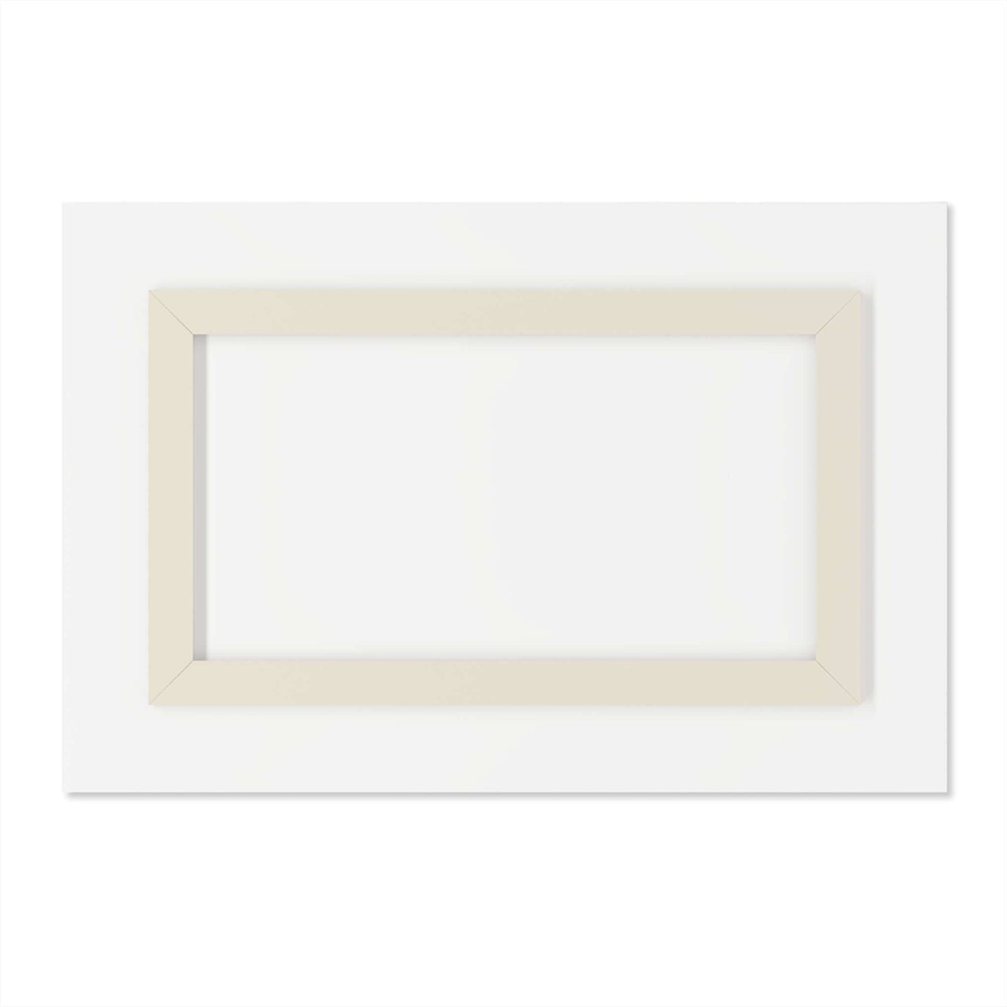 Empty white canvas with a beige wooden frame on a white background, ready for eco-friendly wall art display.