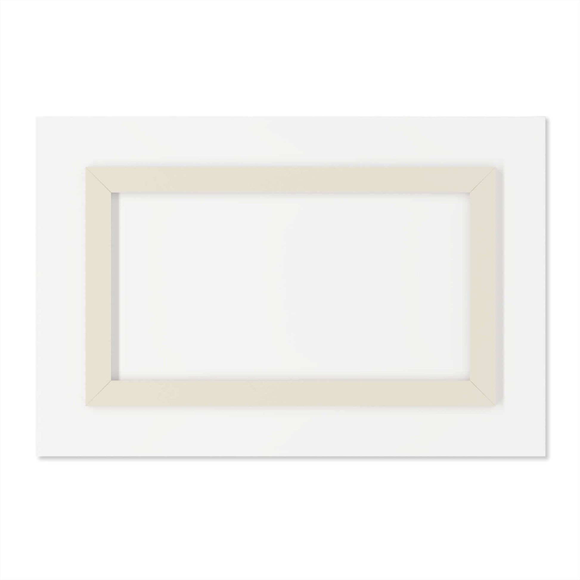 Empty white canvas with a beige wooden frame on a white background, ready for eco-friendly wall art display.