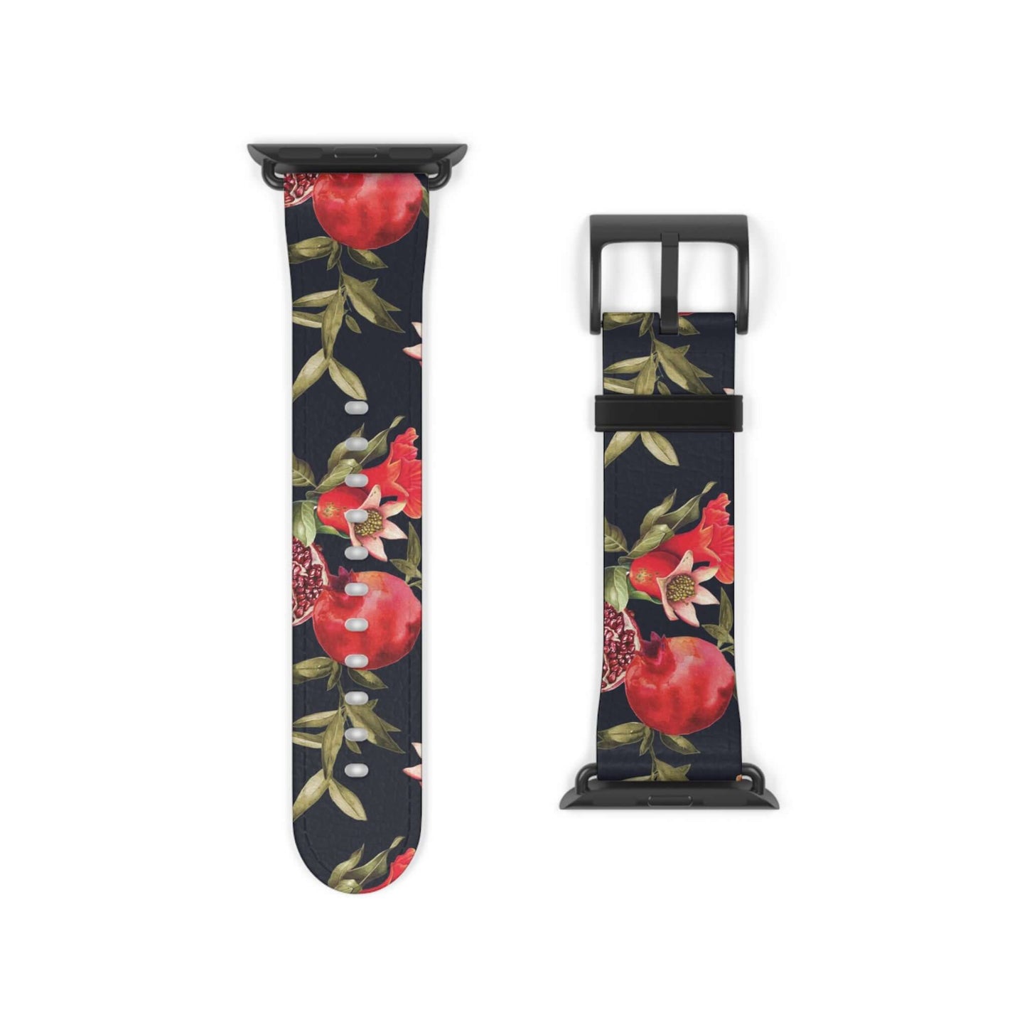 Pomegranate Apple Watch BandEmbrace elegance with our Pomegranate Apple Watch Band. Made from premium, high-quality materials, this luxurious band will elevate your style. With its vibrant red and green colors, it will add a touch of sophistication to any