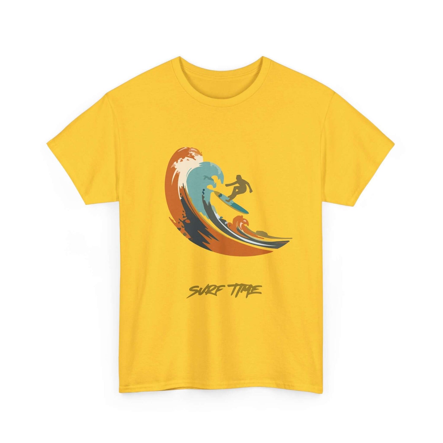 Unisex Surf Time T-Shirt in yellow featuring a vibrant wave and surfer design, perfect for beach lovers seeking comfort and style.