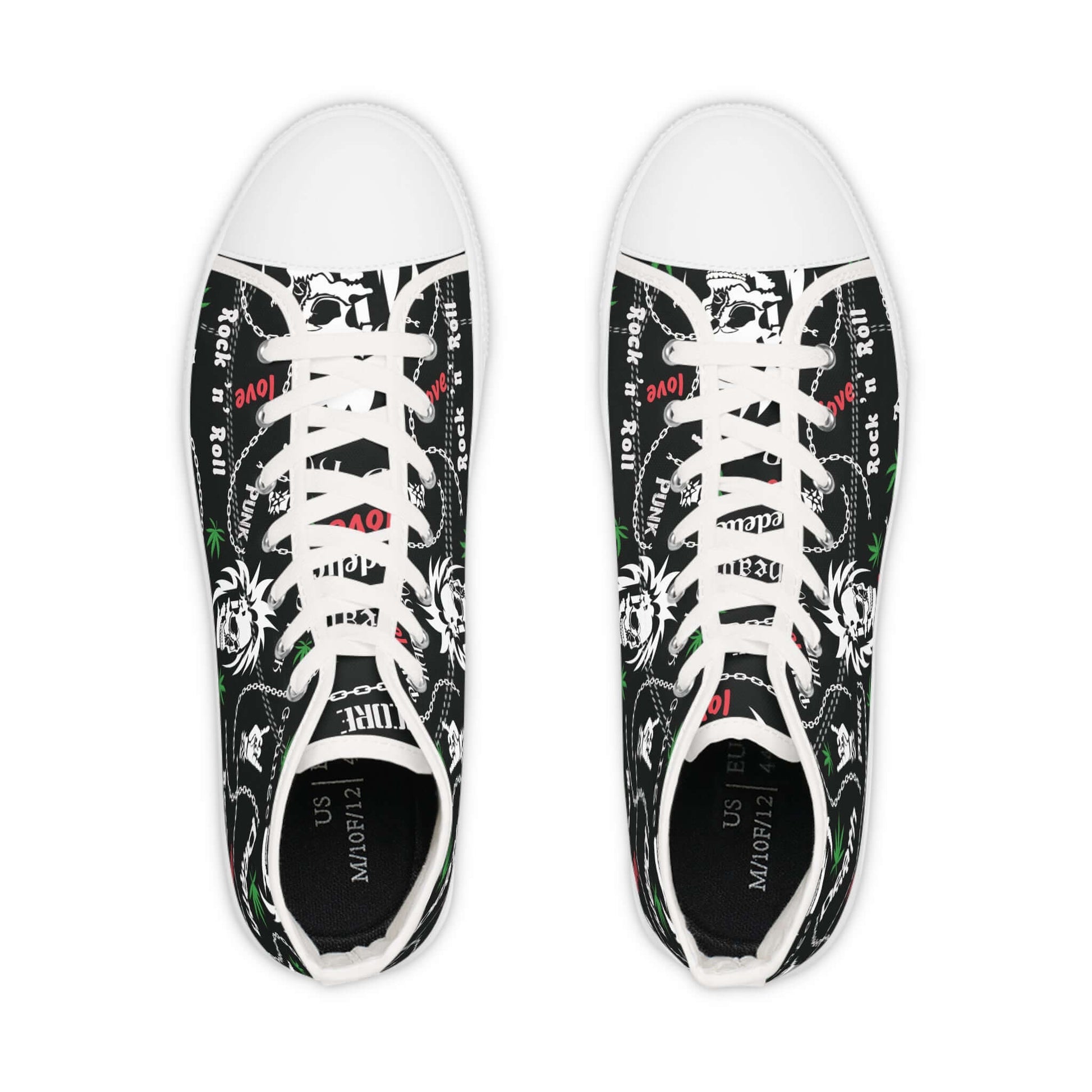 Men's Rock & Roll Skulls High Top SneakersGet ready to rock and roll with these skull-adorned high top sneakers for men! Channel your inner rebel with these statement shoes that bring a touch of edge to any outfit. Perfect for making a statement on the st