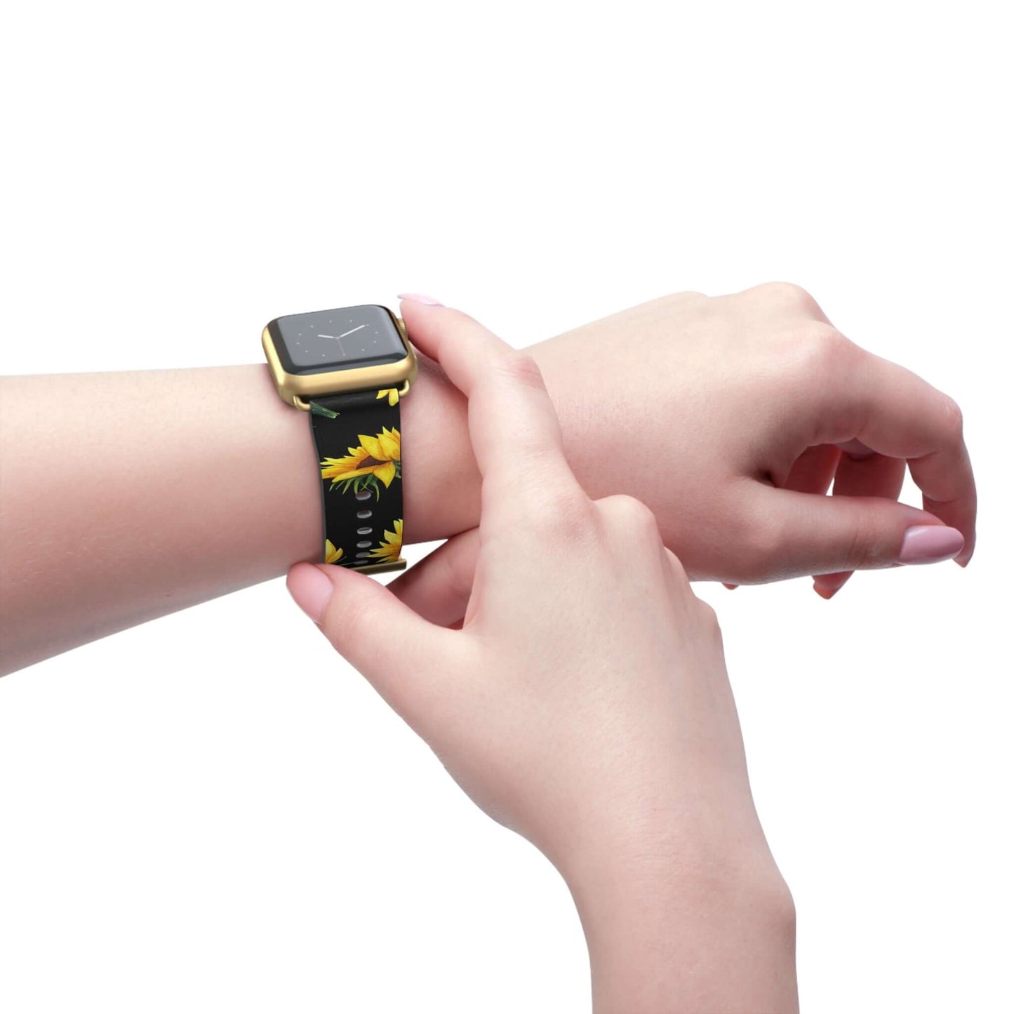 Person wearing Sunflower Apple Watch Band made of faux leather, showcasing vibrant design of vitality and happiness for an active lifestyle.