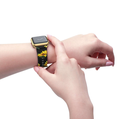 Person wearing Sunflower Apple Watch Band made of faux leather, showcasing vibrant design of vitality and happiness for an active lifestyle.