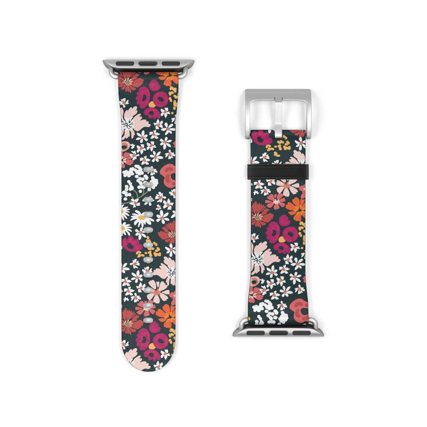 Retro Daisy faux leather Apple Watch band with floral design and stainless steel buckle, perfect for custom durable watch styling.