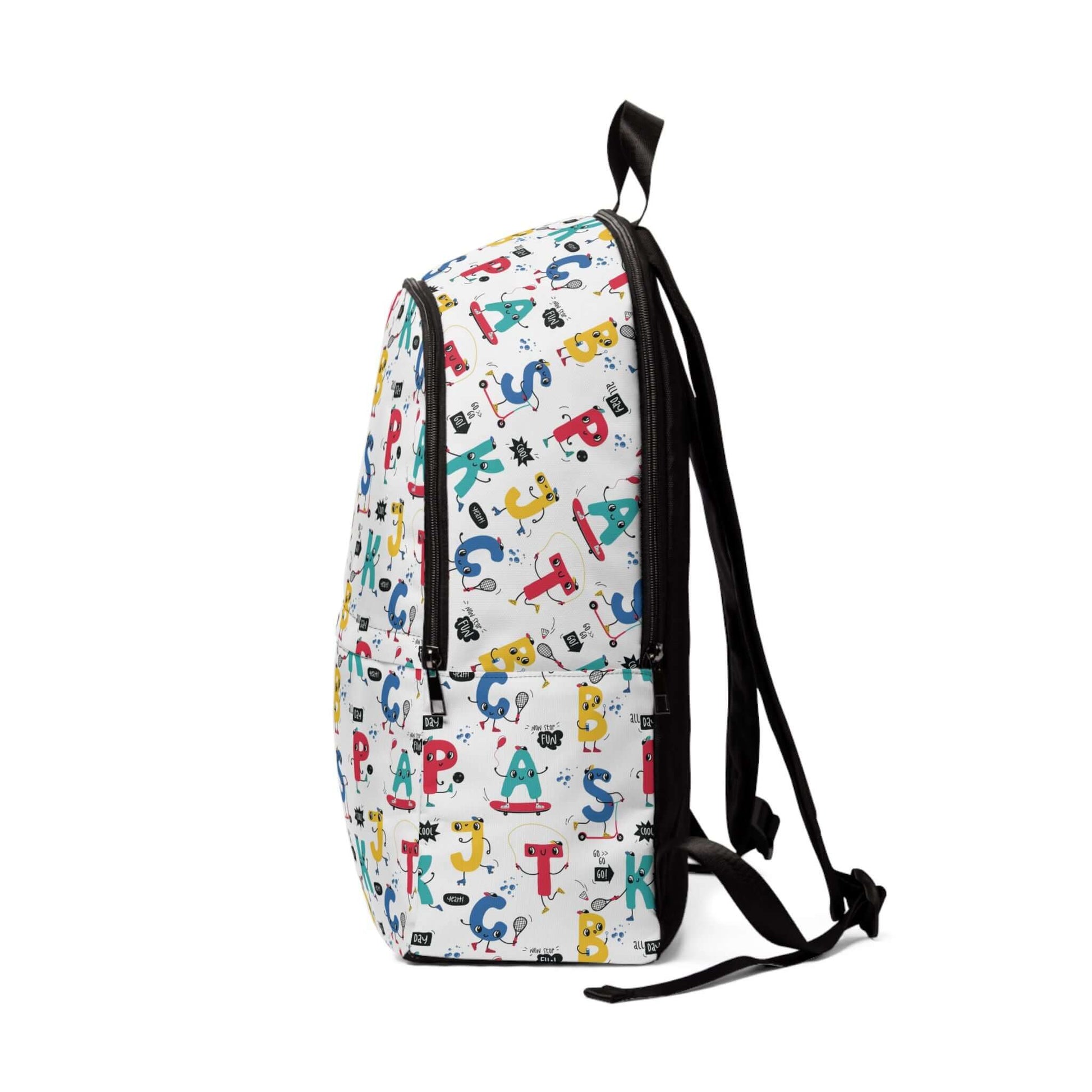 Children`s Happy Letters BackpackThis simple and fashionable backpack is great for school as well as outdoor traveling. Perfect for holding a laptop and many books. Padded back panel and adjustable shoulder straps offer extra comfort and easy carrying, th