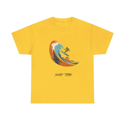 Unisex Surf Time T-Shirt with colorful wave and surfer design, ideal for beach lovers, offering comfort and style for summer days.