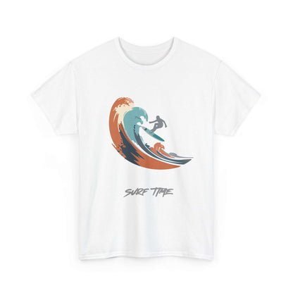 Stylish unisex Surf Time T-shirt with vibrant wave and surfer graphic, perfect for beach lovers seeking comfort and summer style.