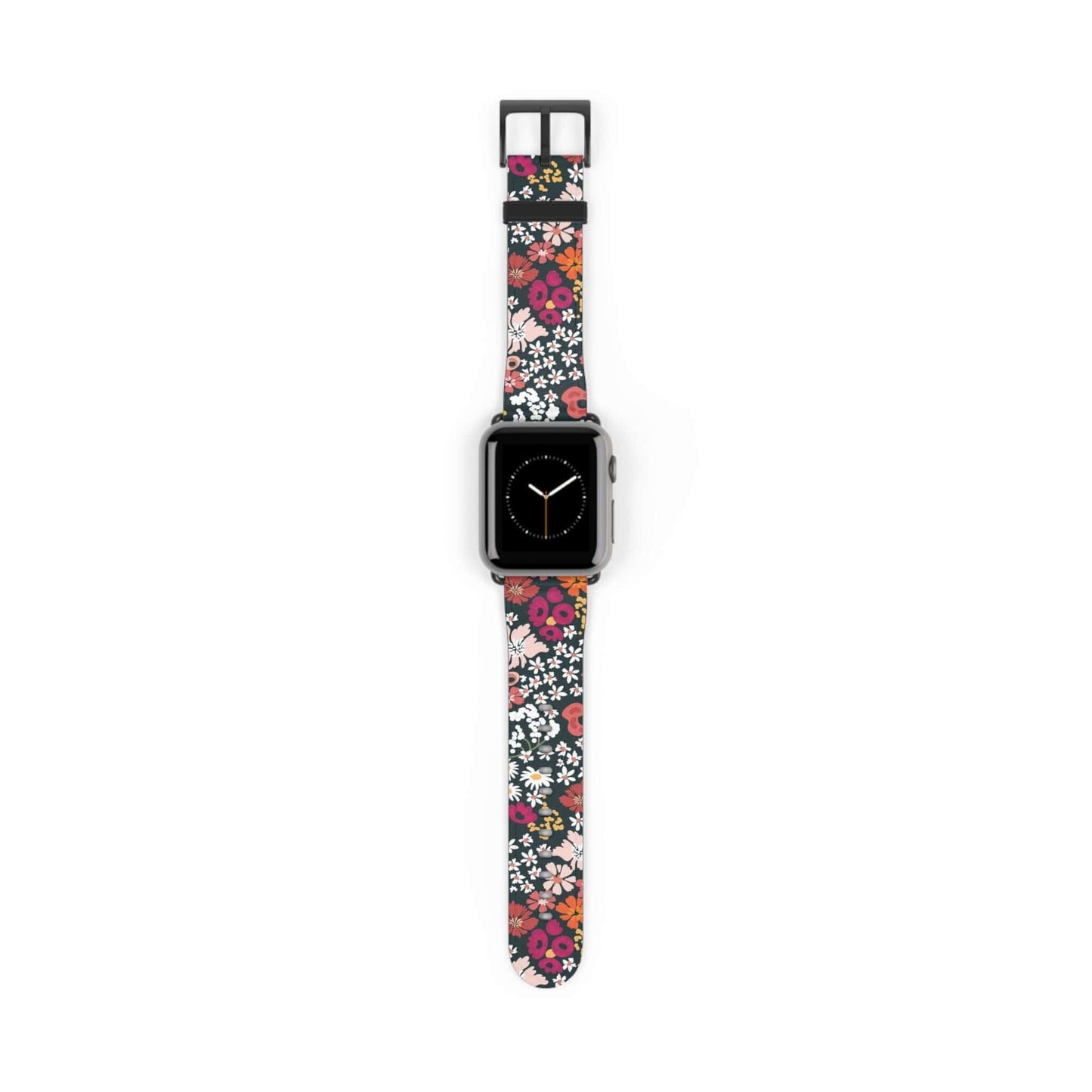 Retro Daisy's faux leather Apple Watch band with floral design, durable custom strap for stylish wristwear.