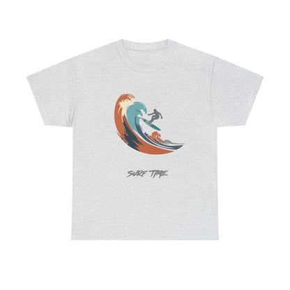 Unisex Surf Time T-Shirt with wave graphic, ideal for beach lovers. Comfortable, durable, and versatile summer must-have.