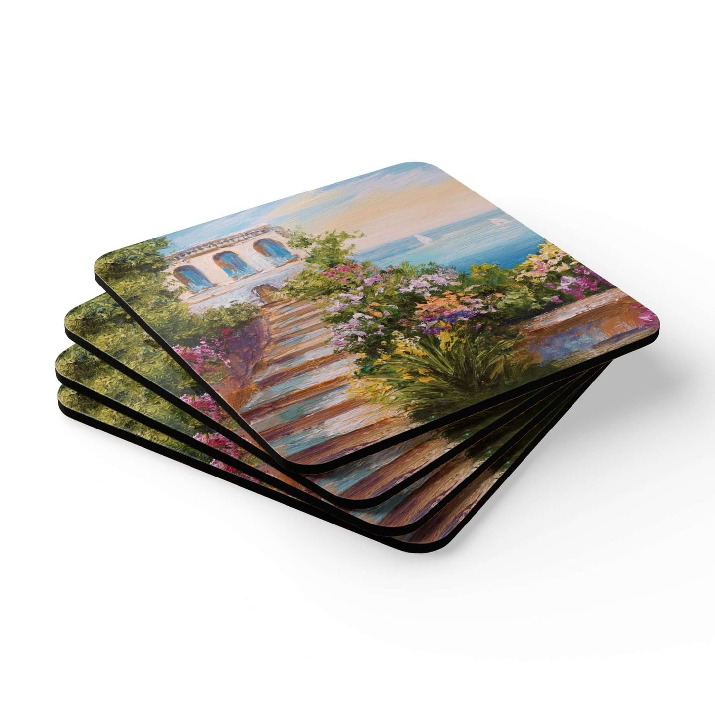 Santorini Coaster Set featuring Greek island scenery, durable cork material, high-gloss MDF top, protects furniture from spills.