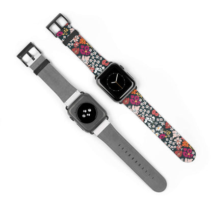 Retro Daisy's Apple Watch Band made of durable faux leather, featuring a vibrant floral pattern and stainless steel buckle, by Nexware Designs.