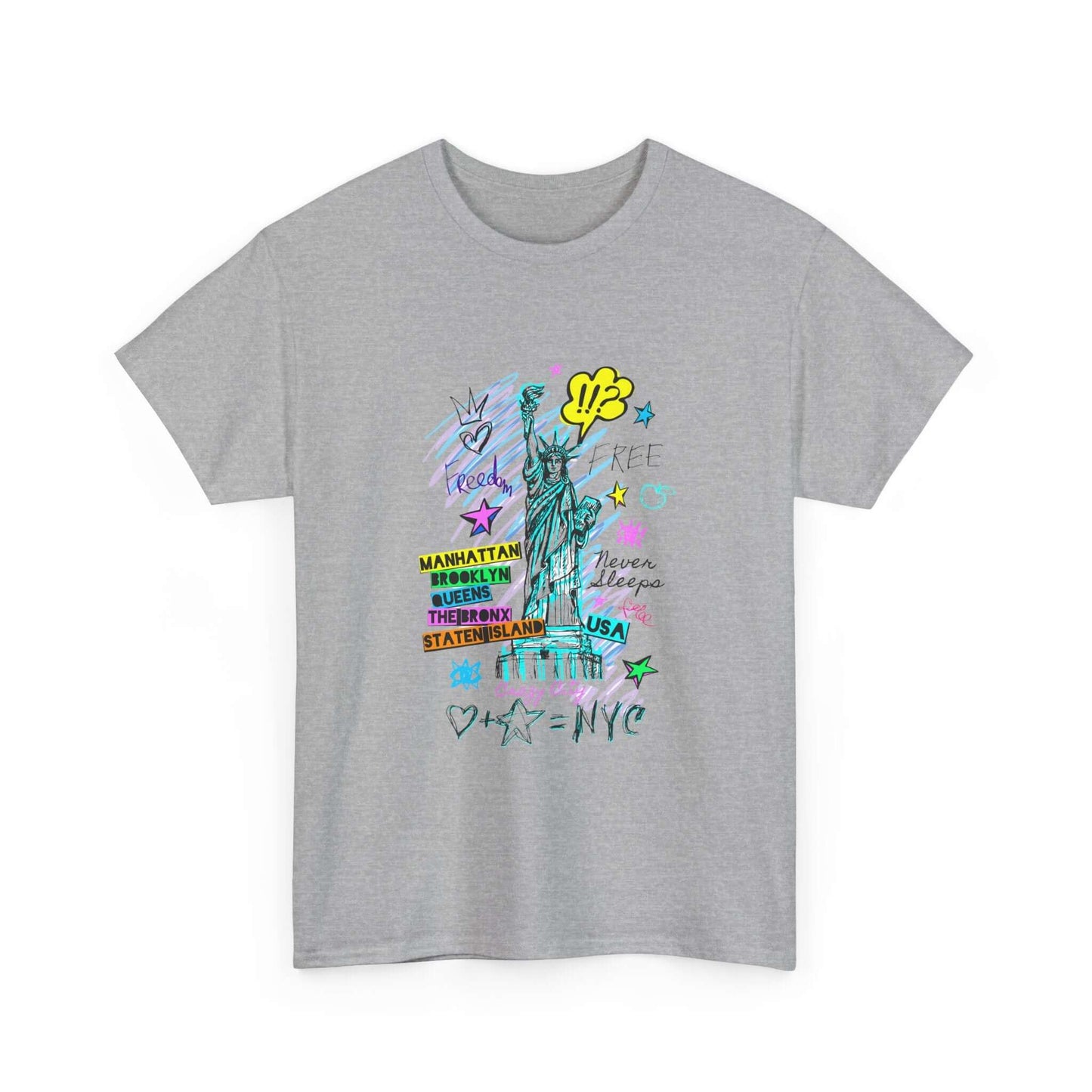 Gray New York Art T-Shirt featuring colorful NYC-inspired designs, made from sustainable cotton for vibrant style and comfort.