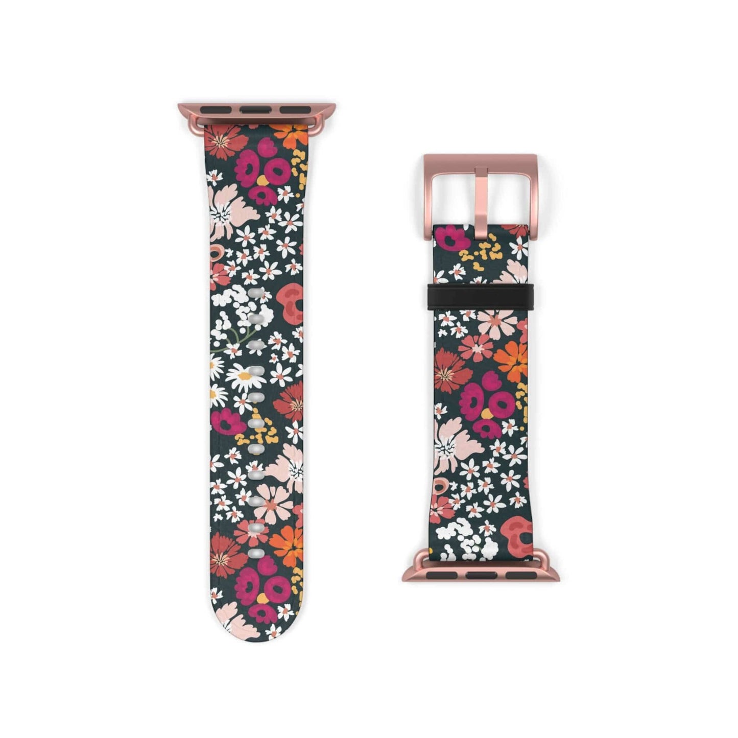 Retro Daisy's faux leather Apple Watch strap with floral pattern, durable custom design.