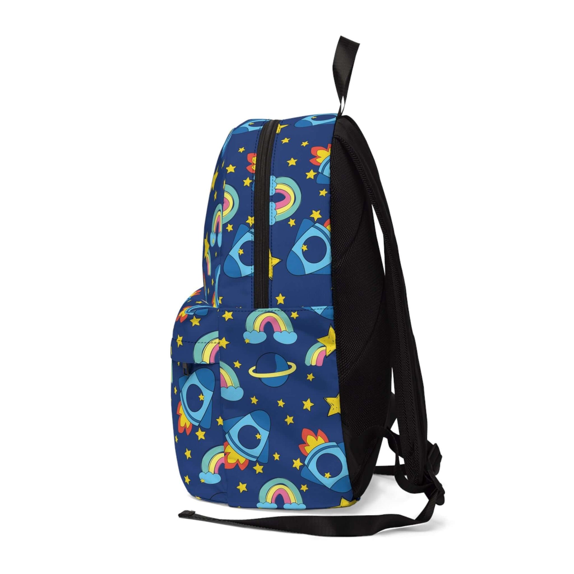 Children's backpack with colorful space rockets and rainbows design, ideal for school or travel, stylish and comfortable to carry.